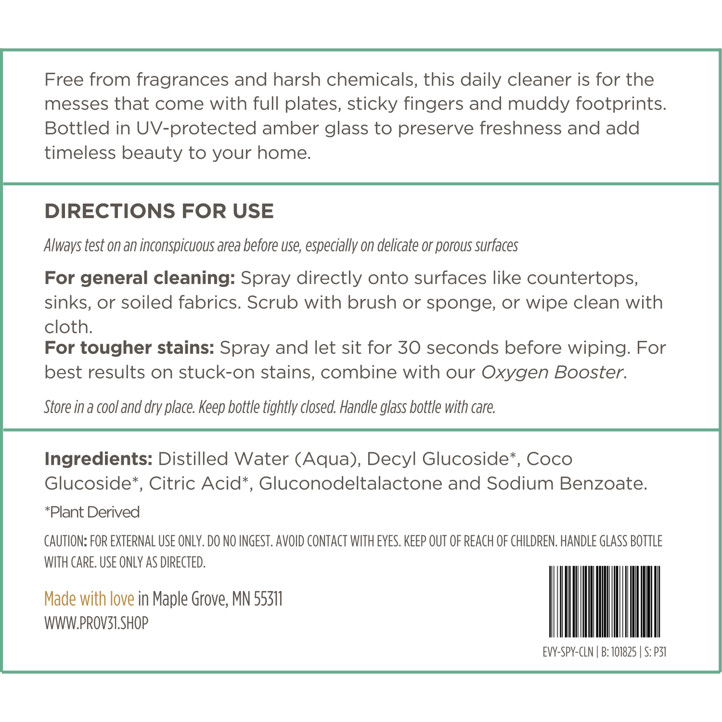 Product label with directions for PROV 31 everyday spray cleaner use, ingredients, and branding information.