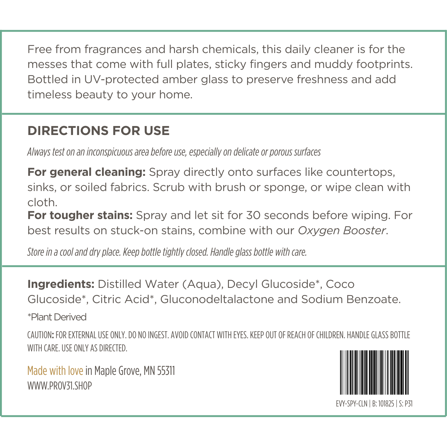 Product label with directions for PROV 31 everyday spray cleaner use, ingredients, and branding information.
