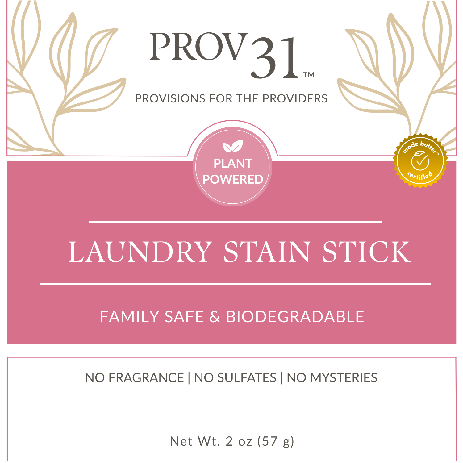 PROV31 laundry stain stick packaging with plant-powered label and leaf design.