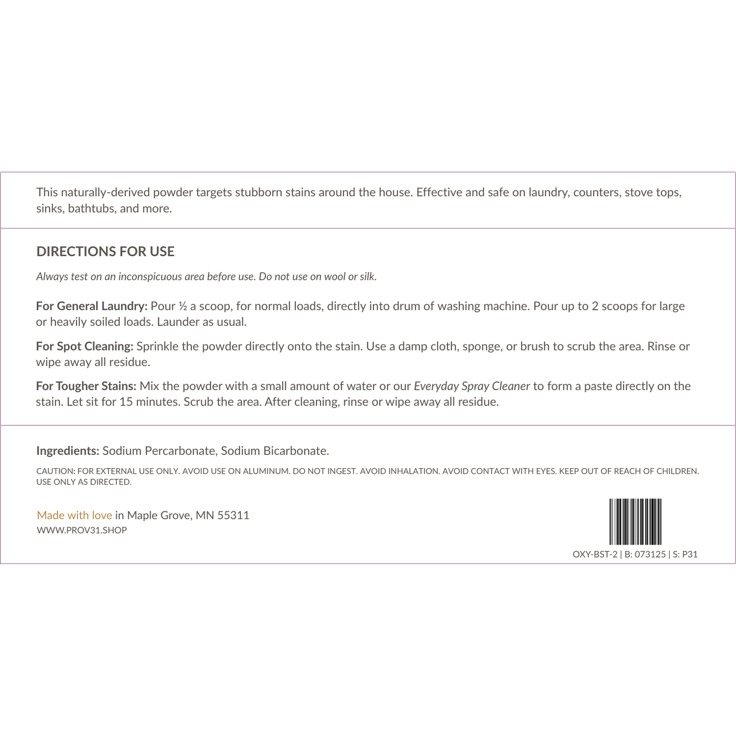 PROV 31 Product label with directions for use and ingredient list on a white background