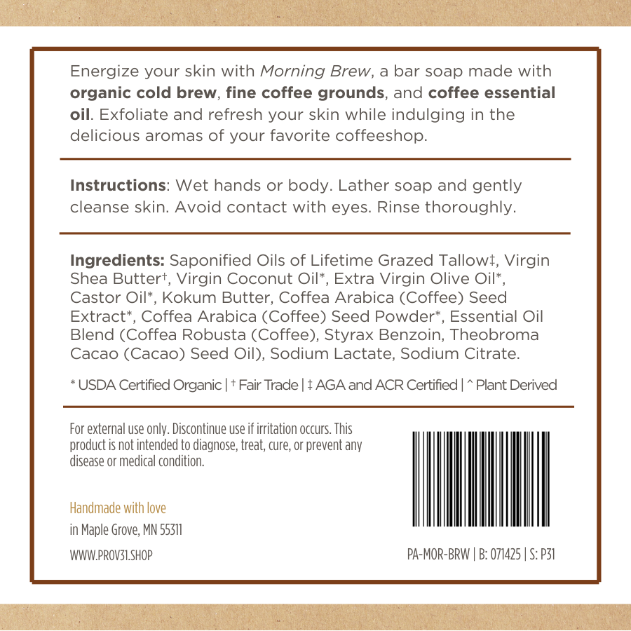 Back of a PROV 31 soap packaging with text about its ingredients, and usage instructions.