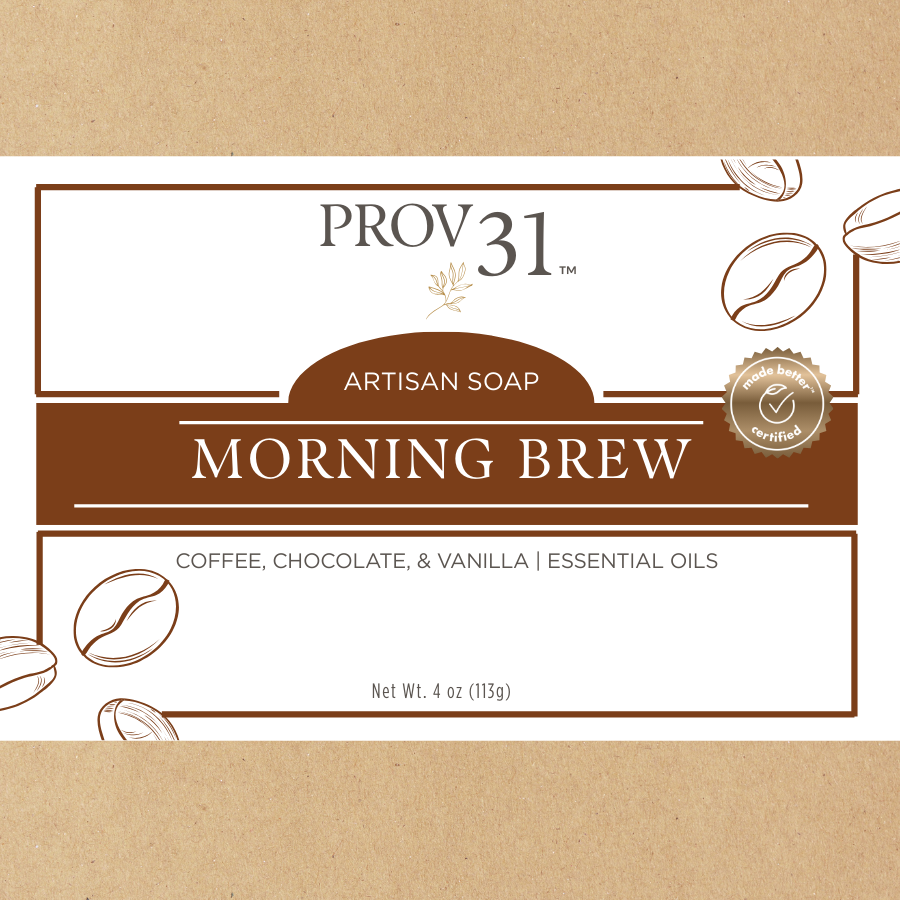 Soap packaging for 'Morning Brew' coffee soap by Prov31 with coffee bean graphics on a brown background
