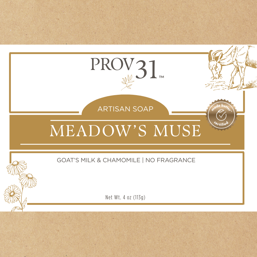 PROV 31 Meadow's Muse artisan soap packaging with goat and chamomile illustration on brown background