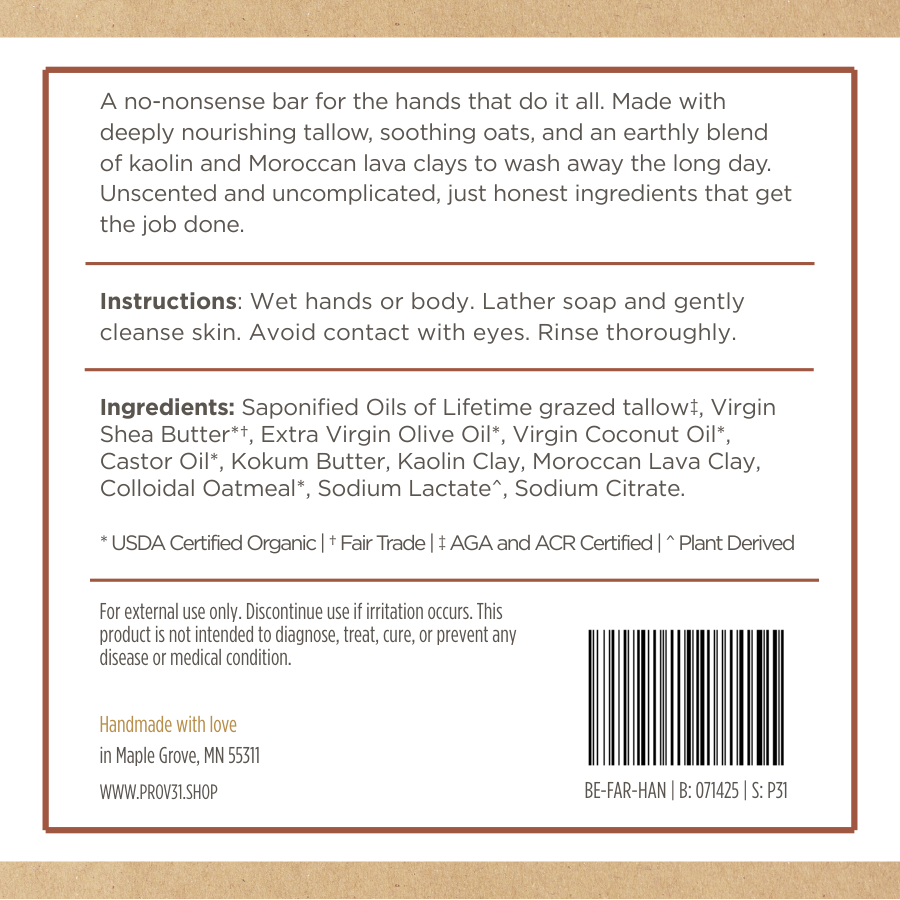 PROV 31 product label of oat and tallow bar soap with text and ingredients on a brown background