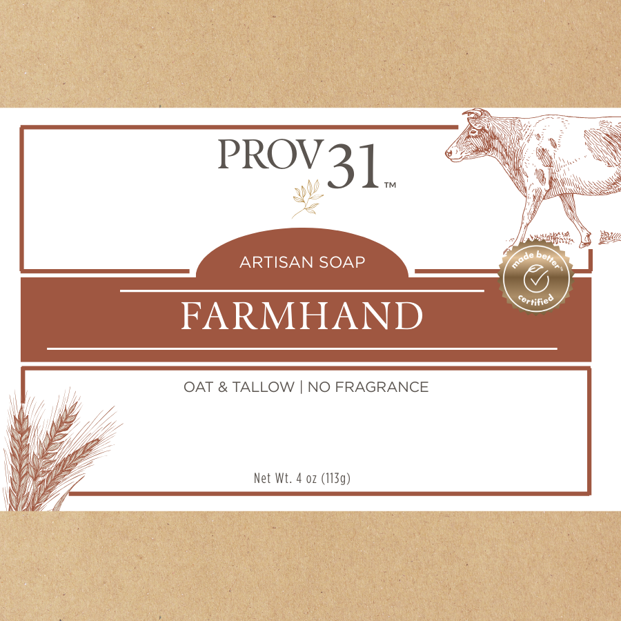 PROV 31 oat and tallow artisan soap label with cow illustration on a brown background