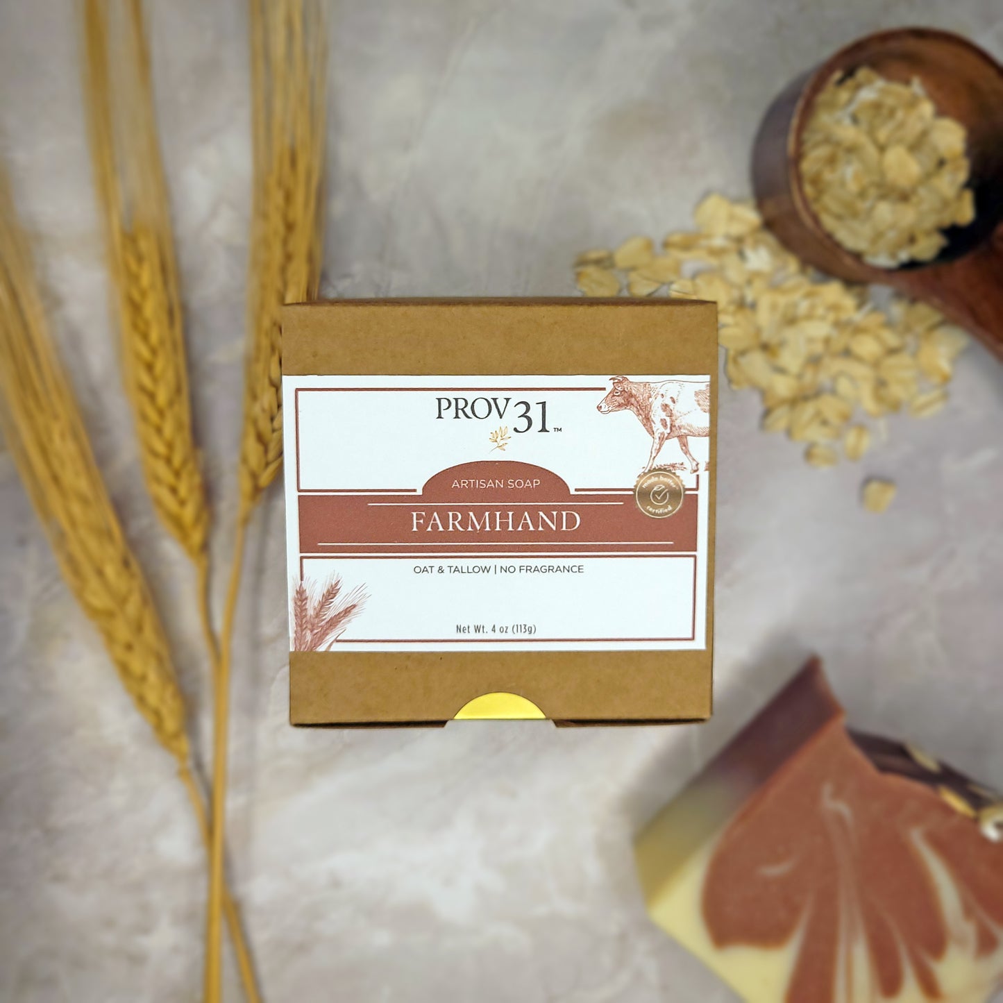 prov 31 oat and tallow artisan soap on marble with wheat grains