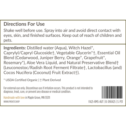 Product label of PROV 31 room spray with directions for use and ingredient list on a white background