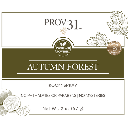 PROV 31 Autumn Forest room spray label with leaf and citrus illustrations.