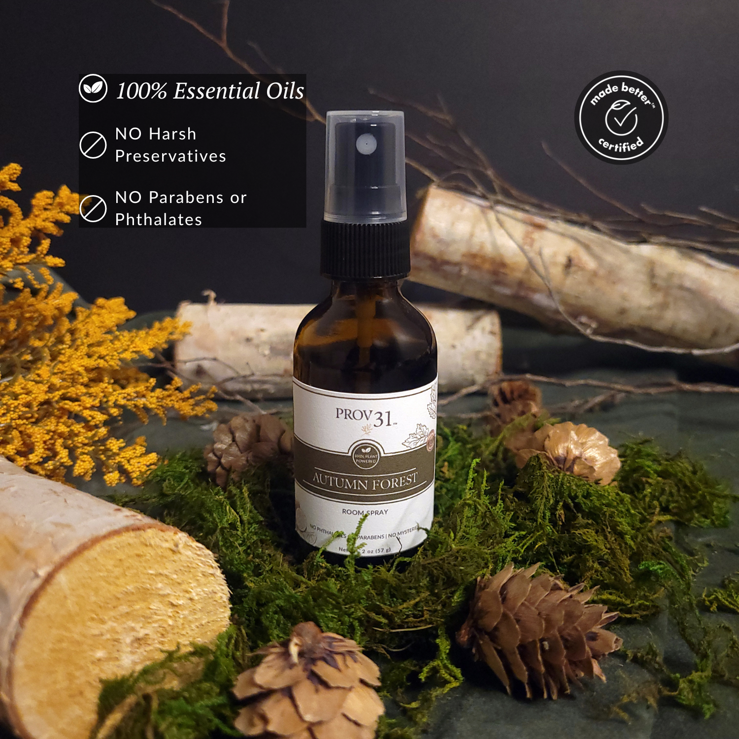 Bottle of Prov 31 Autumn Forest room spray with natural elements on a dark background