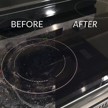 Before and after comparison of a black stovetop surface with visible stains.