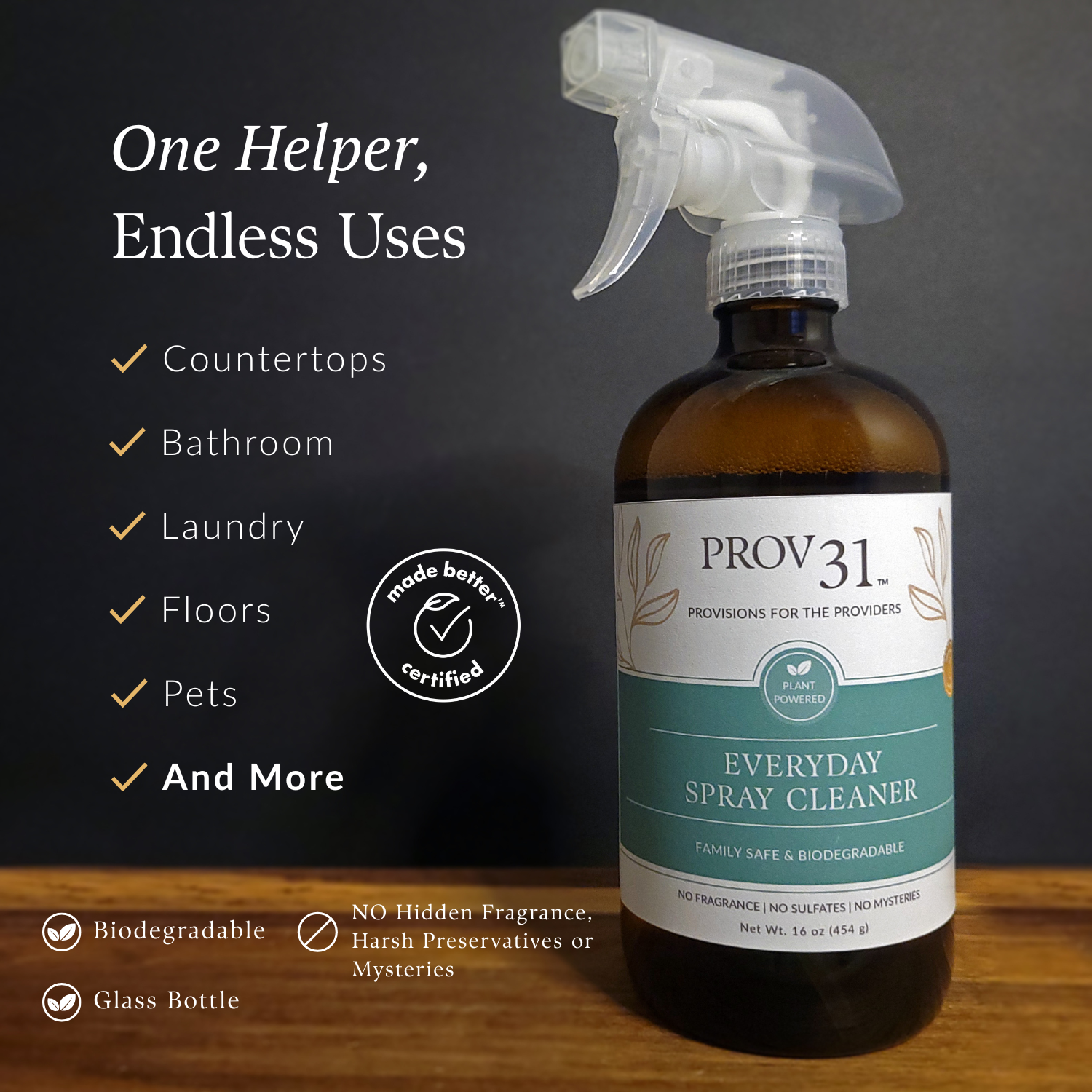 PROV 31 natural Everyday Spray Cleaner bottle on a wooden surface with a dark background