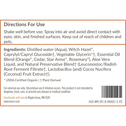 Product label of PROV 31 room spray with directions for use and ingredient list on a white background