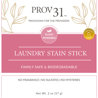 PROV31 laundry stain stick packaging with plant-powered label and leaf design.