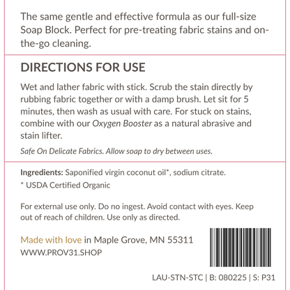 Product label for PROV31 laundry stain stick with directions for use, ingredients, and safety information on a white background.