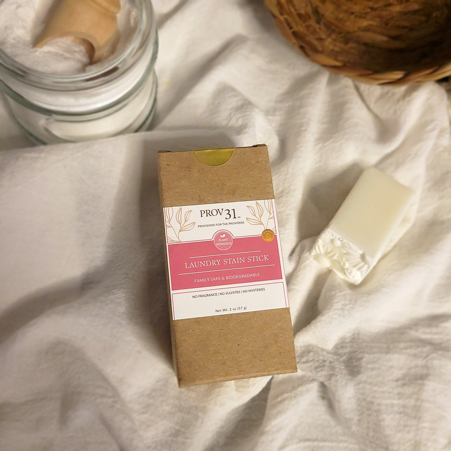 PROV 31 laundry stain stick packaging on a light fabric background