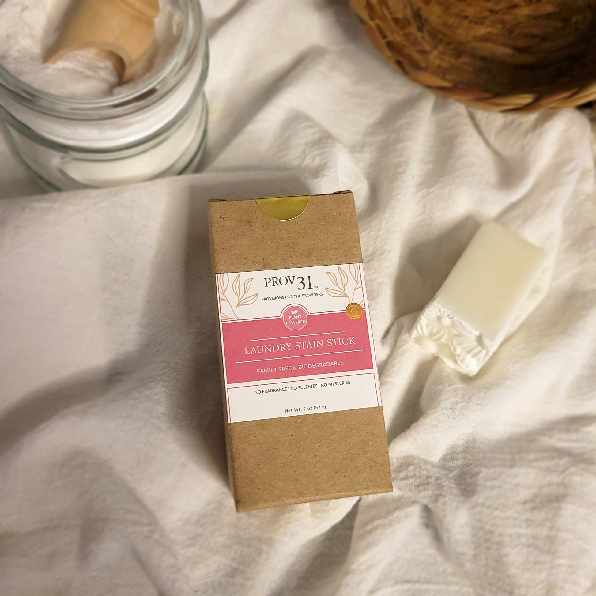 PROV 31 laundry stain stick packaging on a light fabric background