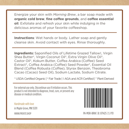 Back of a PROV 31 soap packaging with text about its ingredients, and usage instructions.
