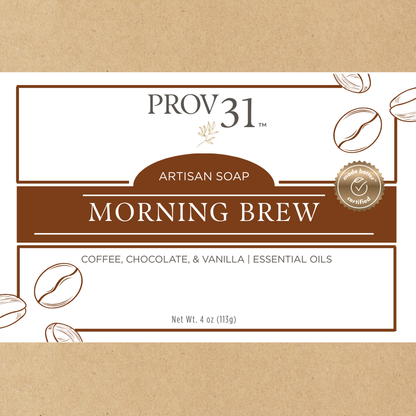 Soap packaging for 'Morning Brew' coffee soap by Prov31 with coffee bean graphics on a brown background