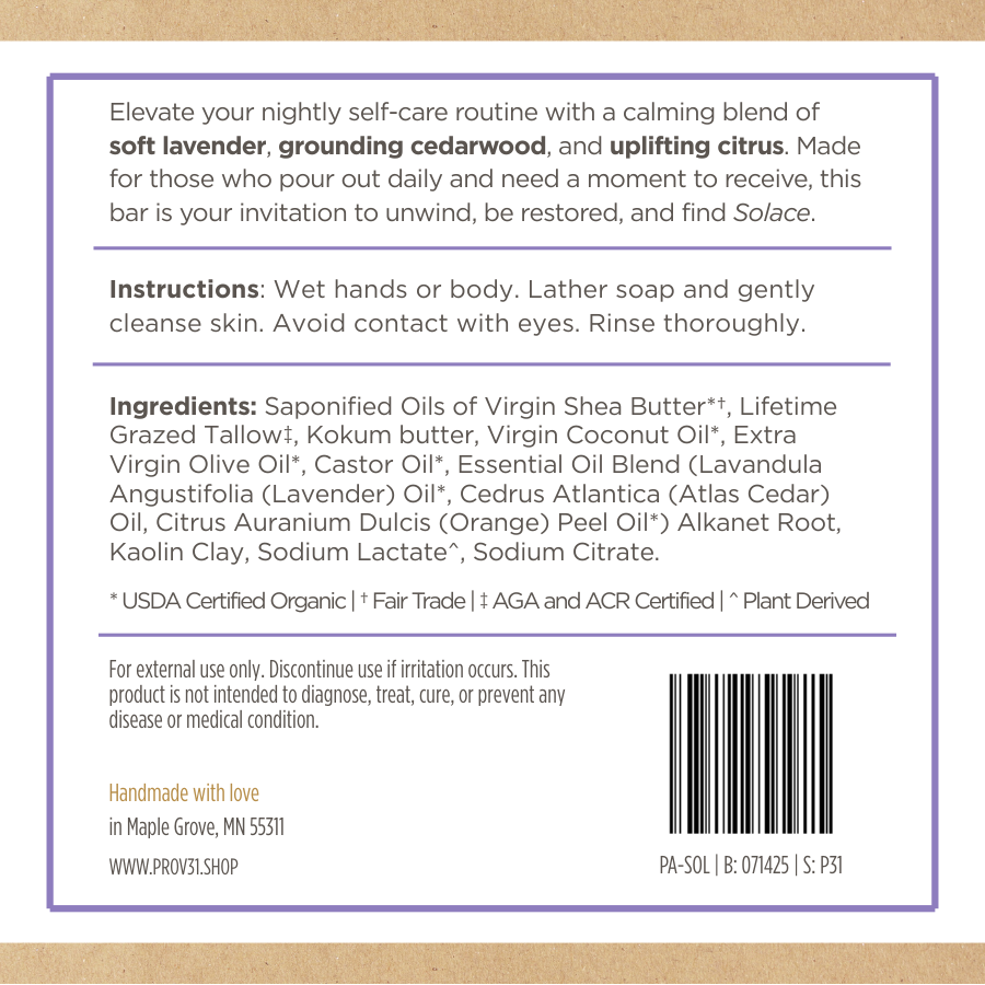Product label of prov 31 lavender soap with text and ingredients on a brown background