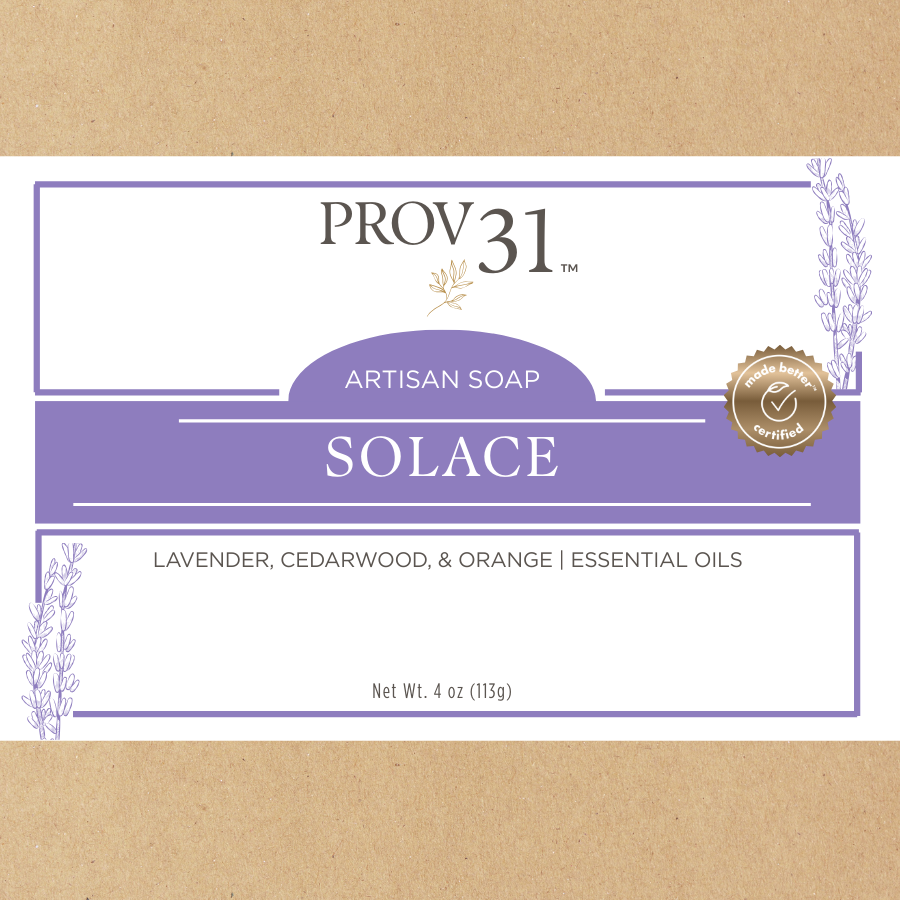 Packaging with lavender design elements of PROV31 lavender artisan soap called solace.